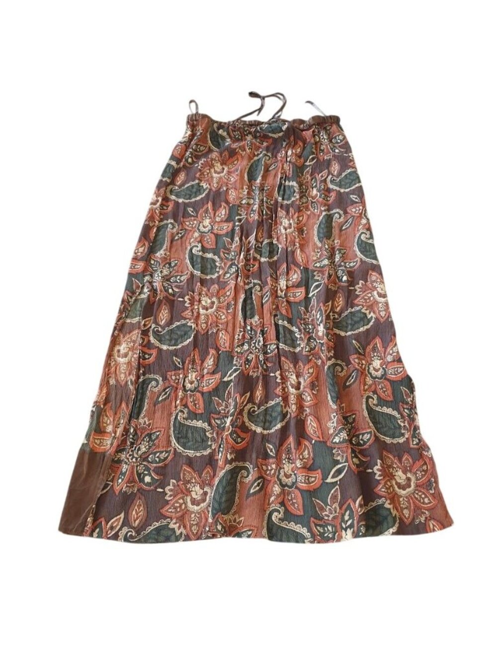 Amanda Smith Womens L Floral Silk Maxi Skirt Brown Green Orange Paisley Print